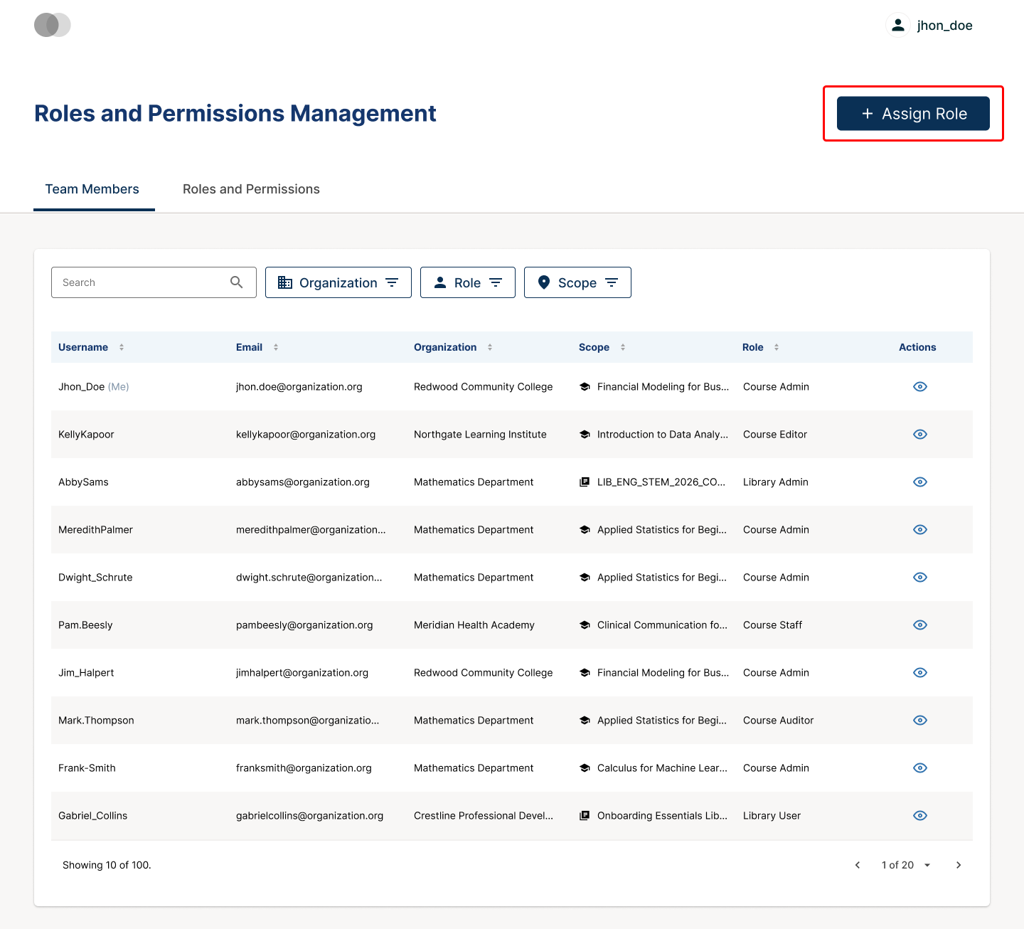 The Assign Role button in the Roles and Permissions console