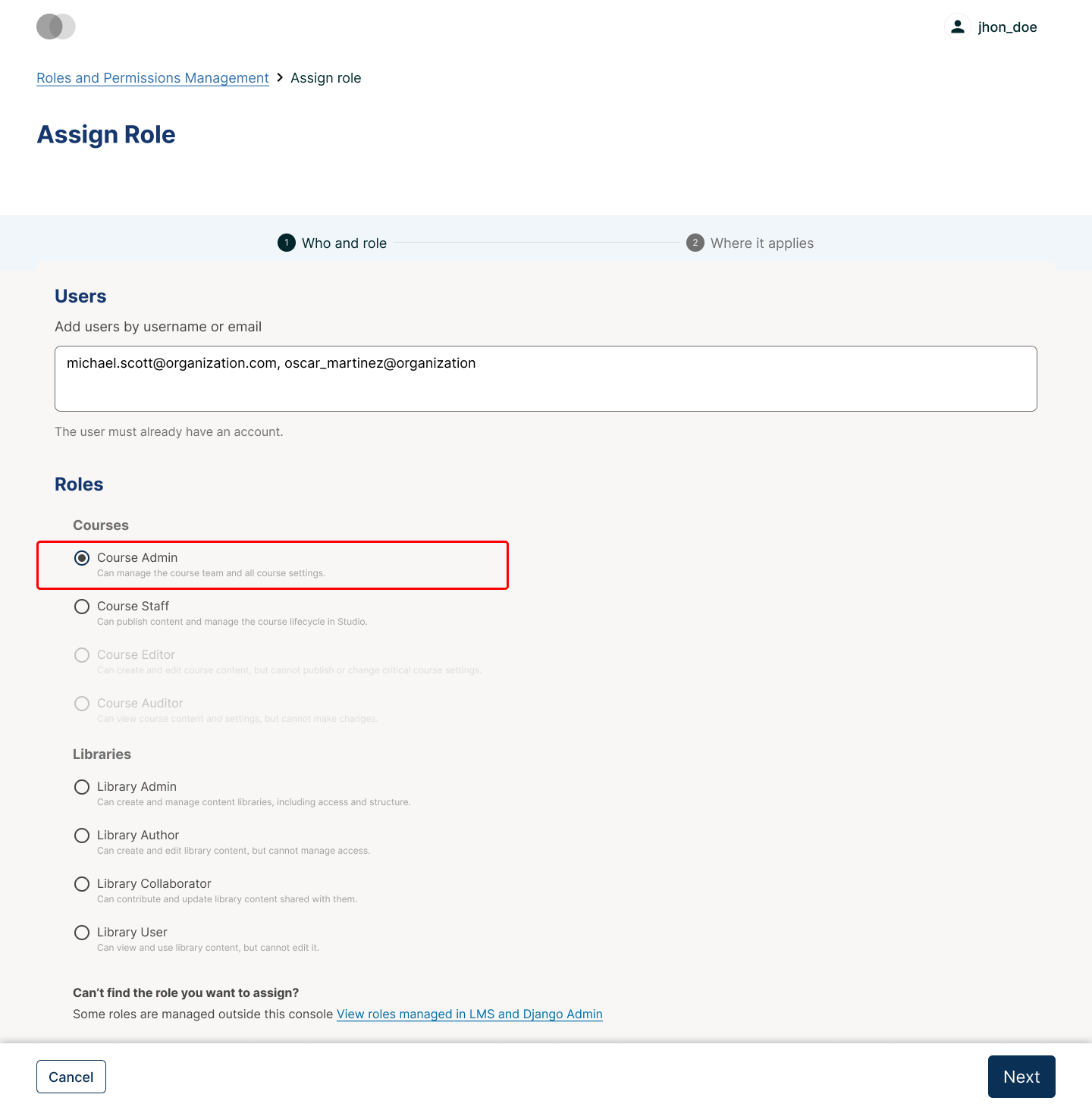 Step 1 of the Assign Role wizard, showing user input and role selector