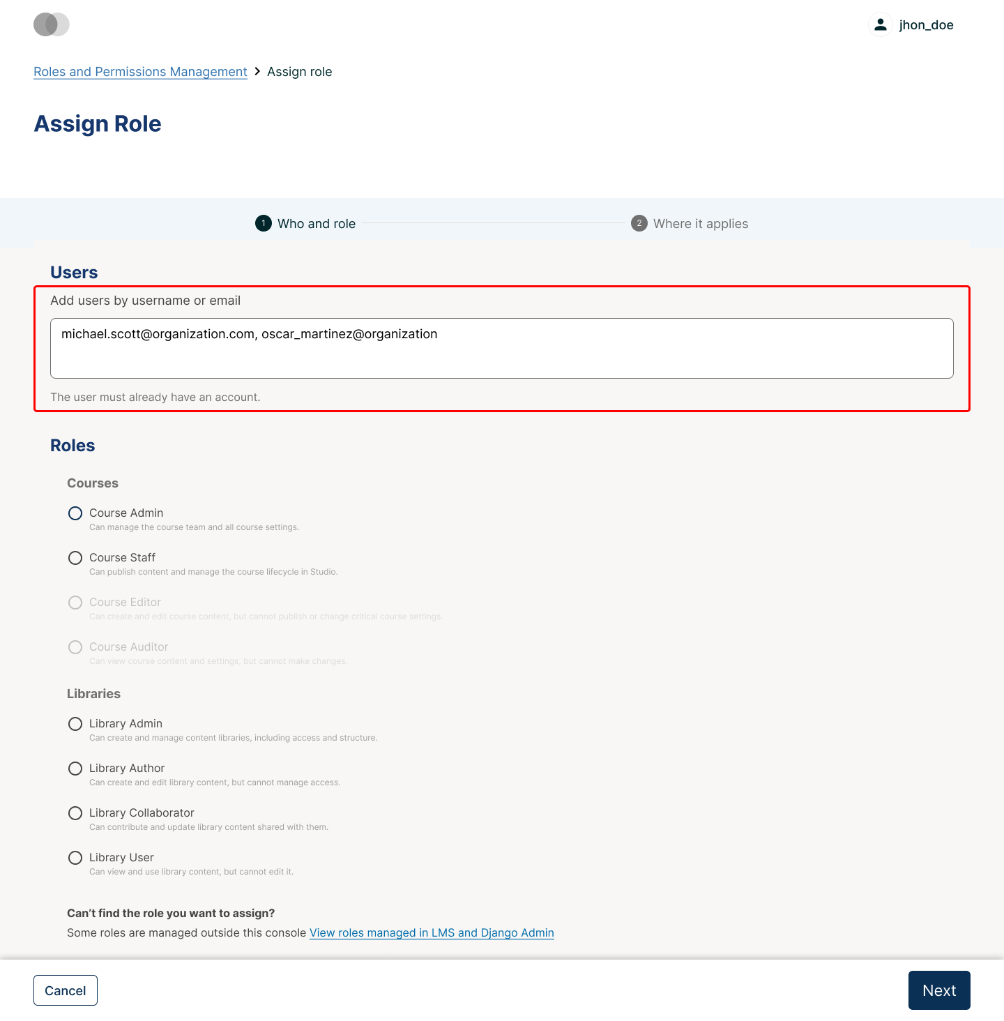 Step 1 of the Assign Role wizard, showing a text input for users and a role selector
