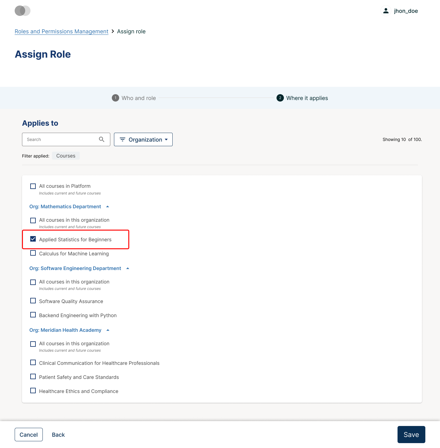 Step 2 of the Assign Role wizard, showing scope selection with org-level options