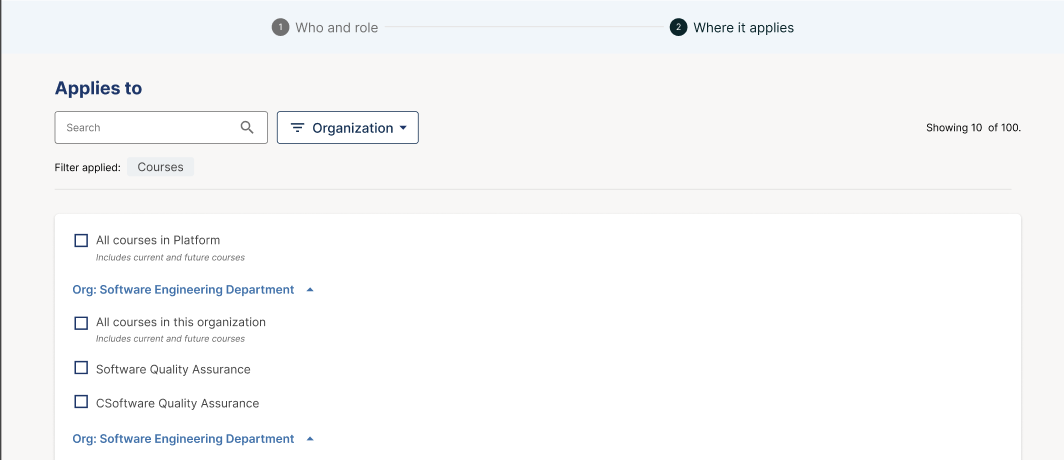 Step 2 of the Assign Role wizard, showing a list of courses with checkboxes