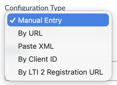 The Configuration Type dropdown in the Add App modal showing five options: *Manual Entry*, *By URL*, *Paste XML*, *By Client ID*, and *By LTI 2 Registration URL*.
