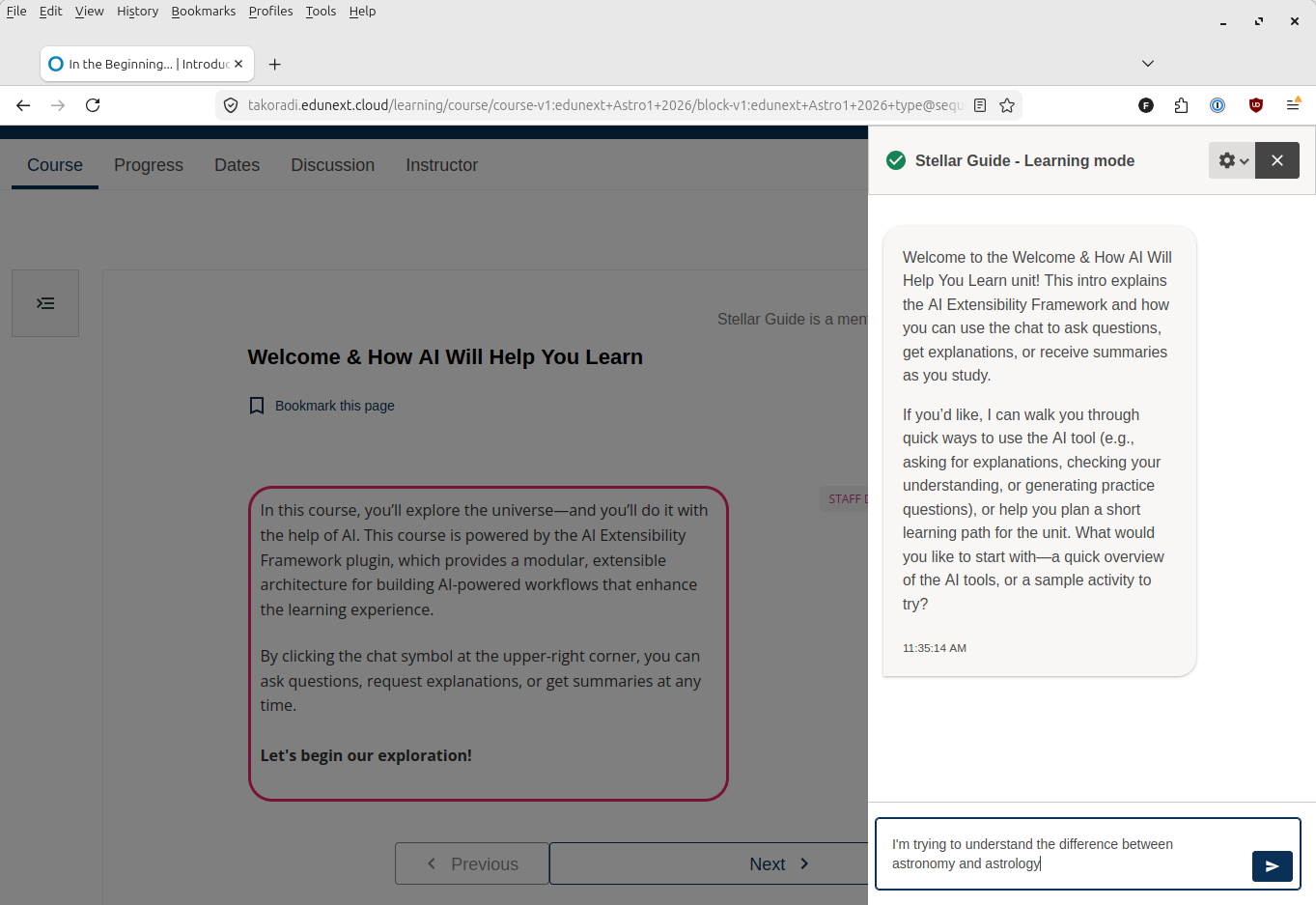 The learner-facing LMS is displayed, with a right-hand sidebar overlaying the course content showing an interactive AI chat session