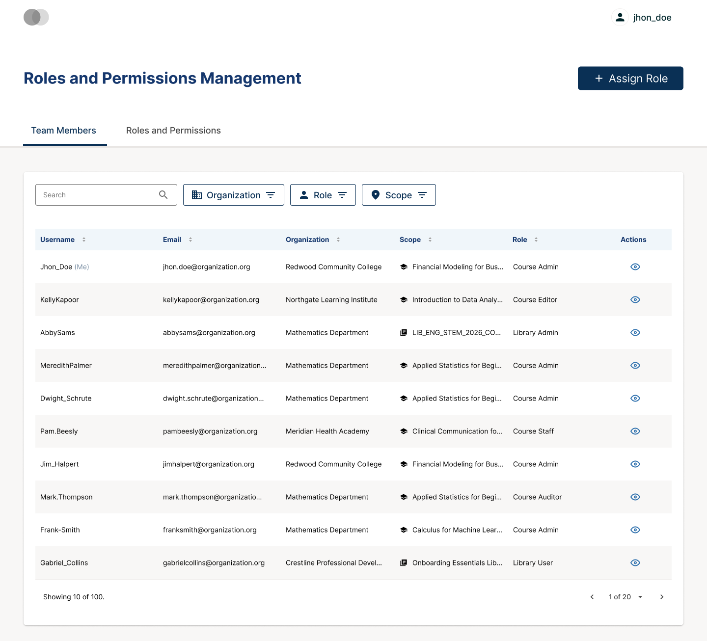 The Team Members tab of the Roles and Permissions console, showing course team members