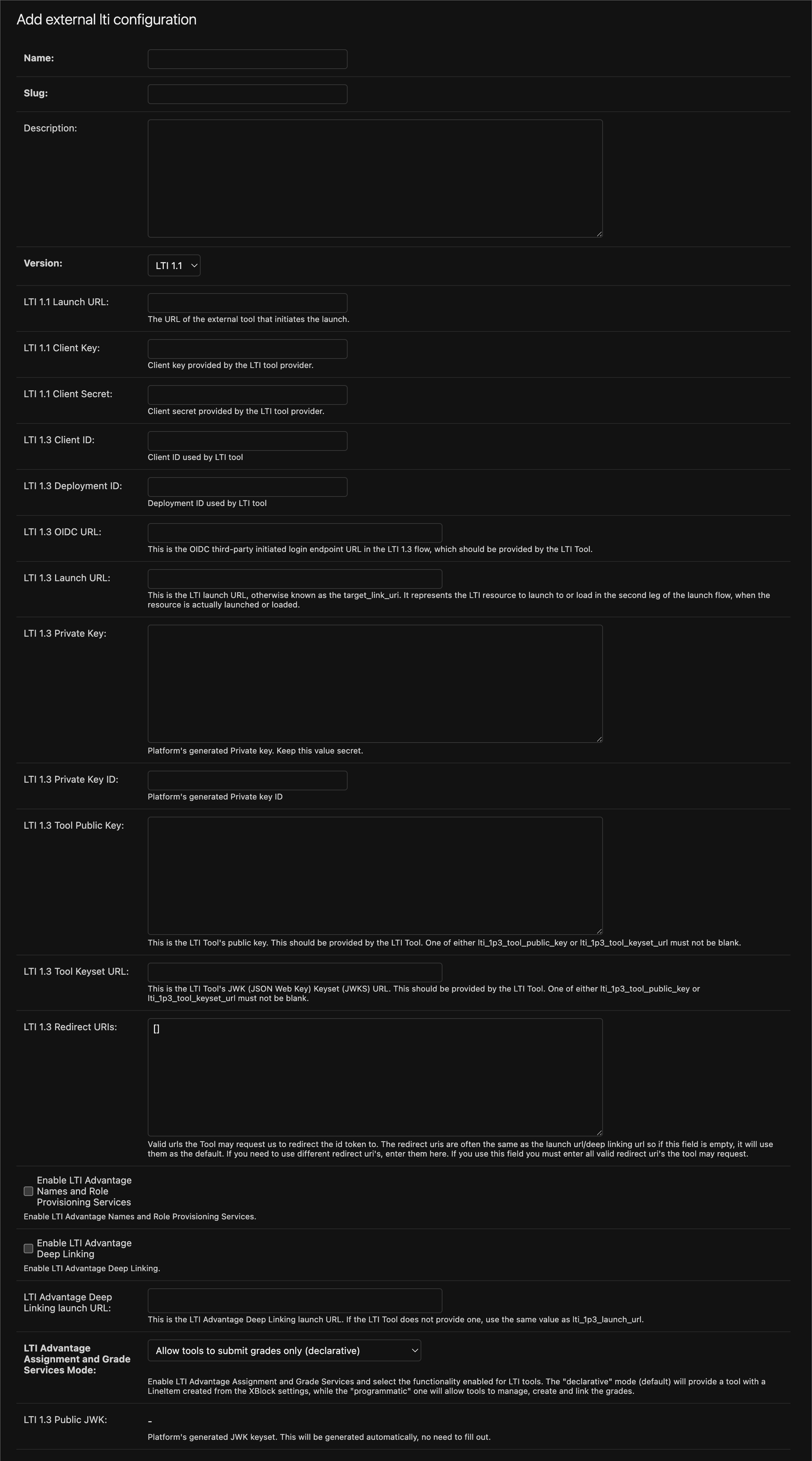 Django Admin form showing the LTI 1.1, LTI 1.3, and LTI Advantage fields for an external LTI configuration.