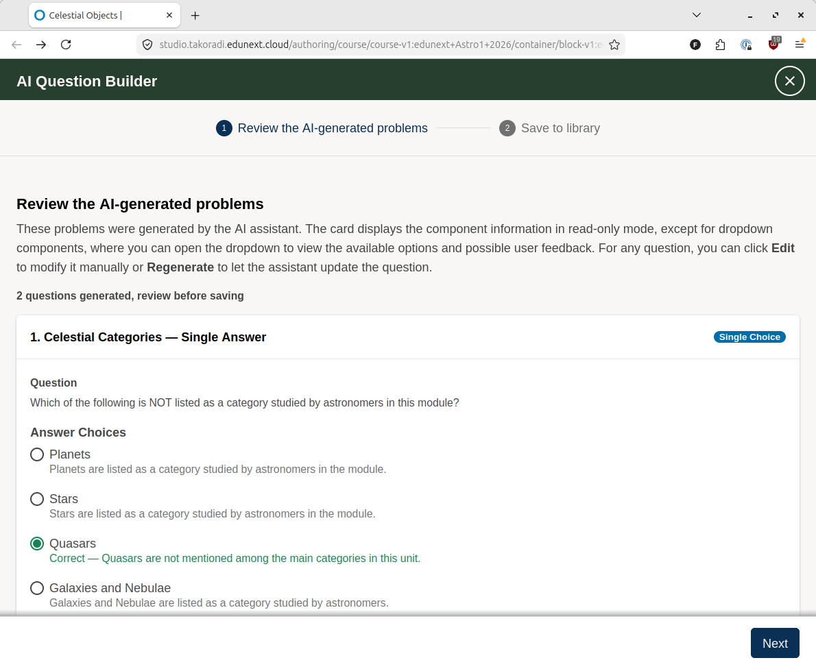 A full screen UI which displays the AI generated questions and allows a human reviewer to edit the questions directly. This UI also allows authors to regenerate the question(s) using the same prompt.