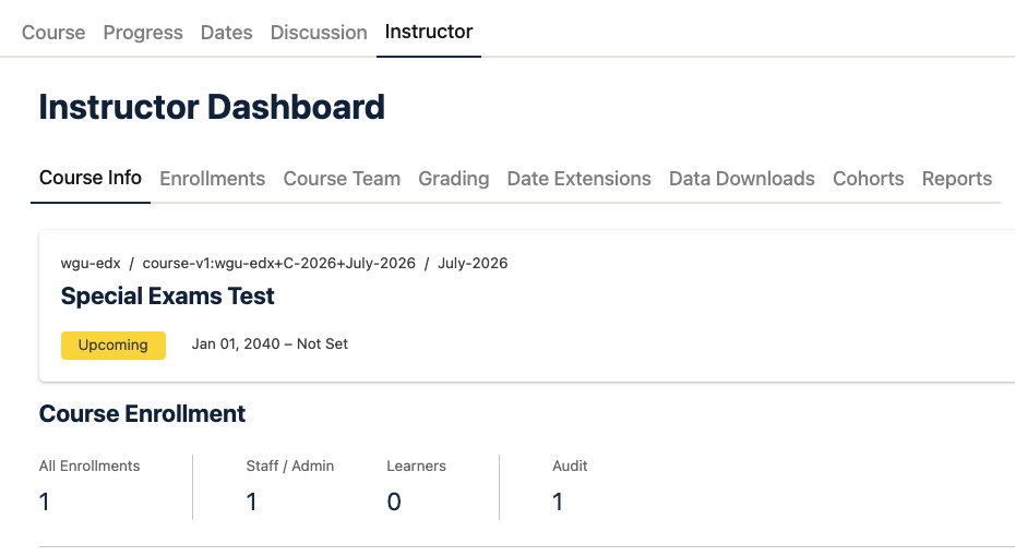 A screenshot of the home tab of the new Instructor Dashboard, featuring course information at a glance (course name, start date, and enrollment numbers)