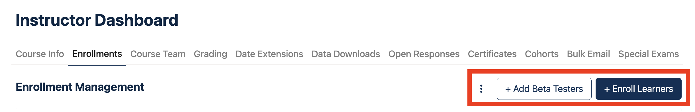 On the "Enrollment Management" tab, page-level actions are "Add Beta Testers" and "Enroll Learners", represented as buttons on the top left of the tab