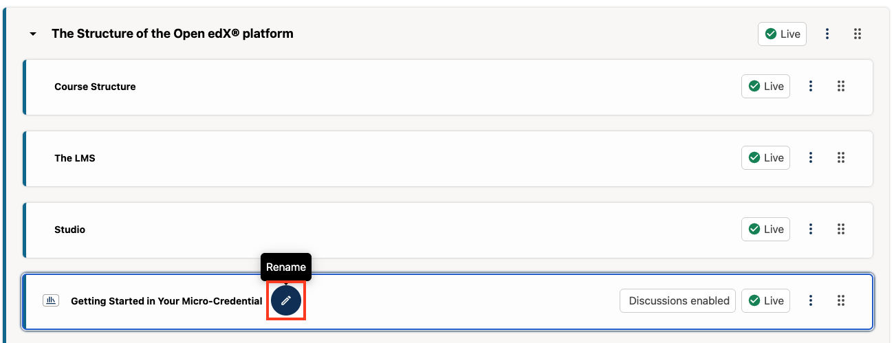The pencil icon appearing next to the title of a subsection within the course outline, to the right of the subsection's name.