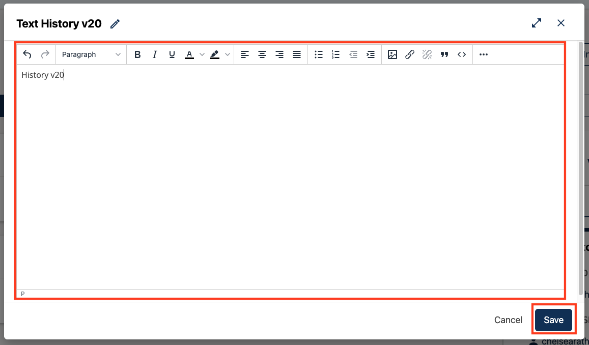 Once the text has been edited, select the "Save" button in the lower right corner of the editor modal.