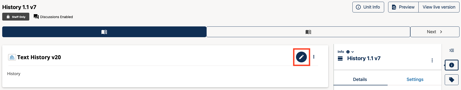 The pencil icon appears in the top right of the component editor, above the main content.