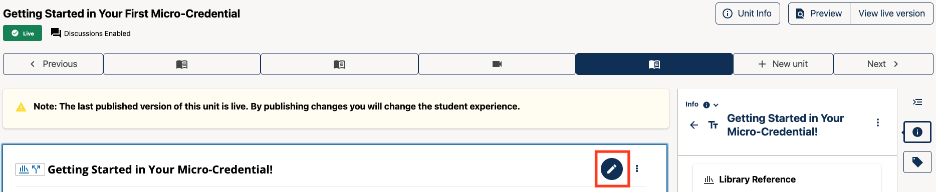 The pencil icon appears in the top right of the component editor, above the main content.