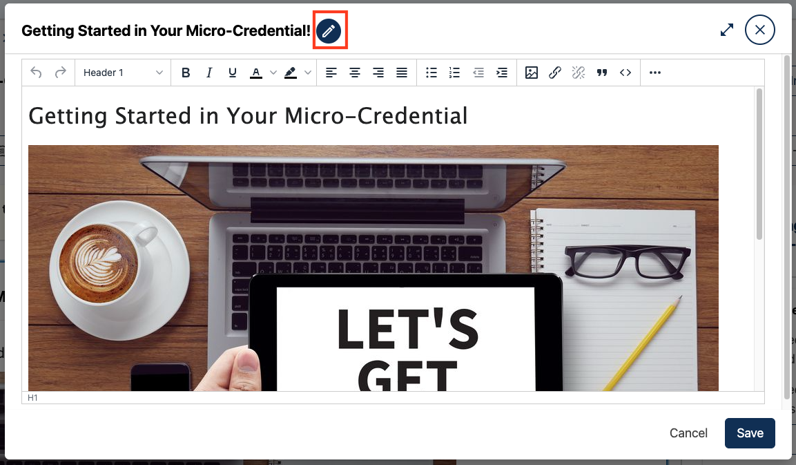 In the pop-up modal, the title bar of the text component will have a edit icon to the right of the text component's title.