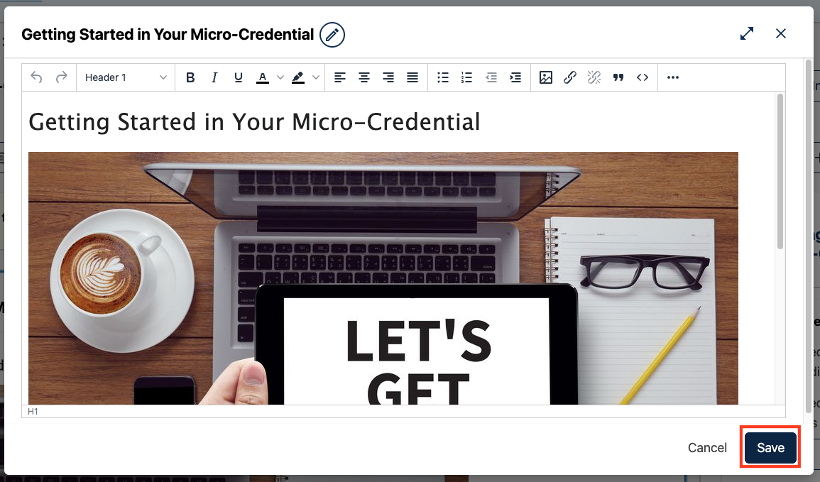 After saving the title, focus returns to the modal. The Save button in the bottom right corner will save your changes.