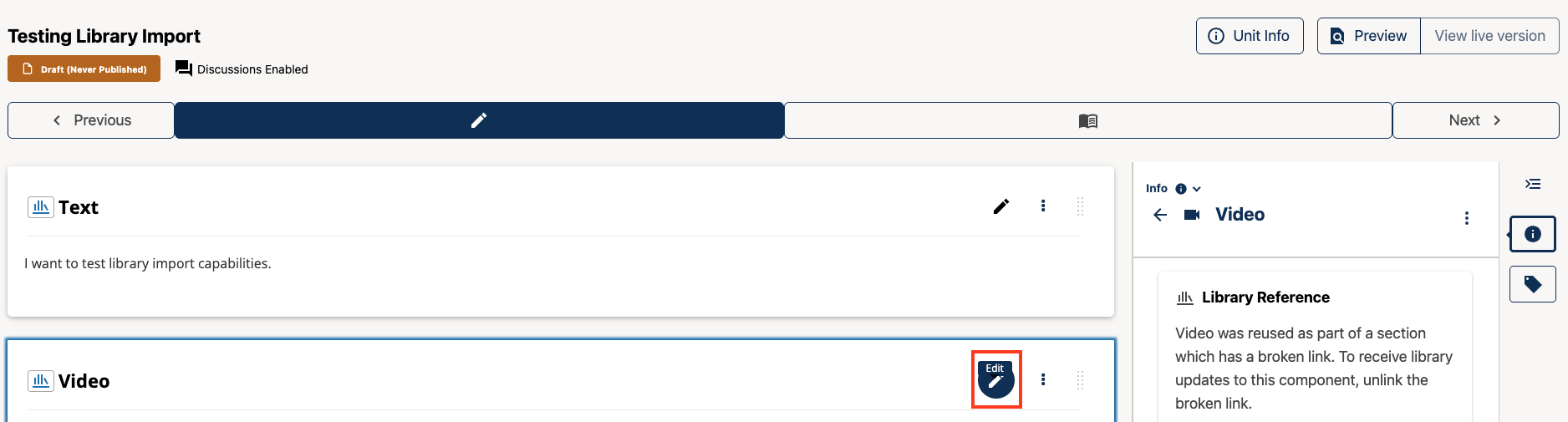 The pencil icon appears in the top right of the component editor, above the main content.
