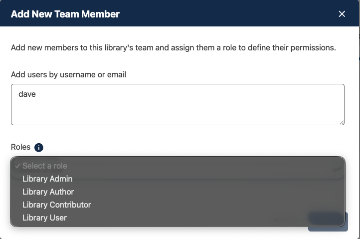 The Assign Role wizard's first step, with a text box for entering users by username or email and a dropdown for the role to assign.