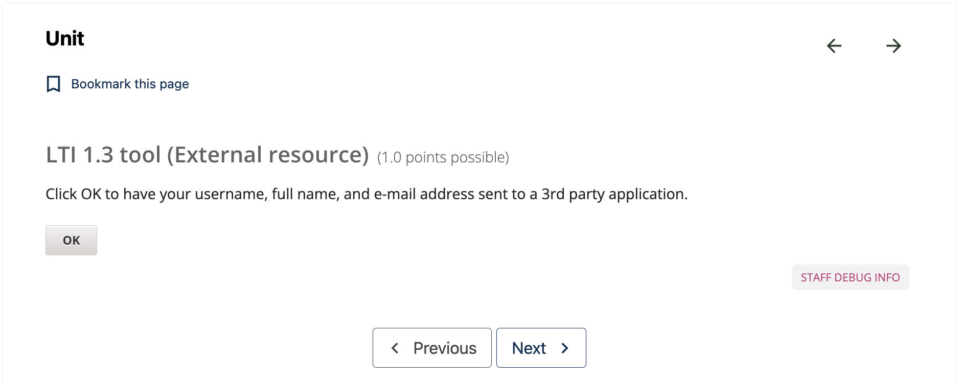 Consent prompt shown before an LTI tool launch, asking the user to confirm sharing username, full name, and email address.