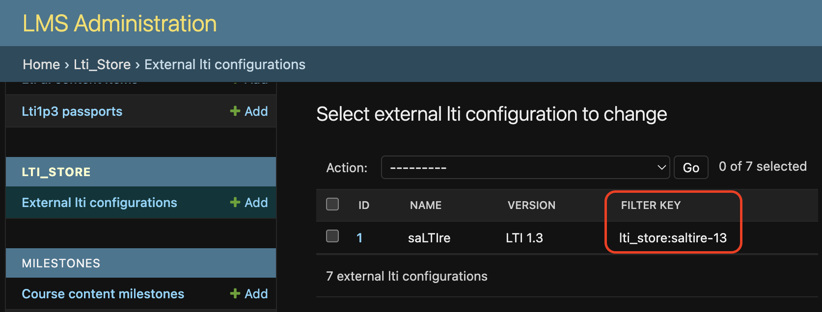 Django Admin External LTI Configurations list with the Filter key column highlighted for an LTI 1.3 configuration.