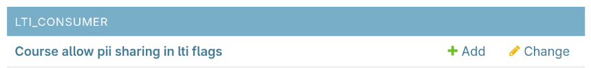 Django Admin menu showing the Course allow pii sharing in lti flags item.