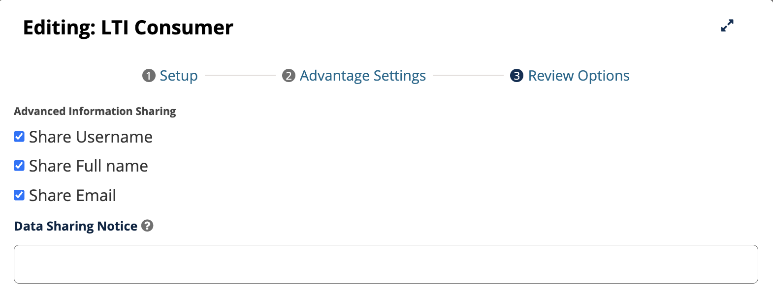 LTI Consumer XBlock Review Options tab showing Share Username, Share Full name, Share Email, and Data Sharing Notice fields.
