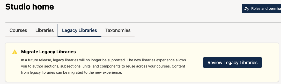 The Studio homepage's Legacy Libraries tab has a banner indicating that legacy libraries must be migrated. The "Review Legacy Libraries" button is on the right side of this banner.