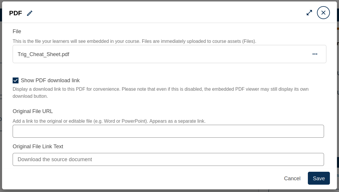 The PDF embed component in Studio modal dialogue has a field to provide a file upload. It has a checkbox to show the PDF download link, and optional fields to provide the source document, as explained in the following steps in this tutorial.