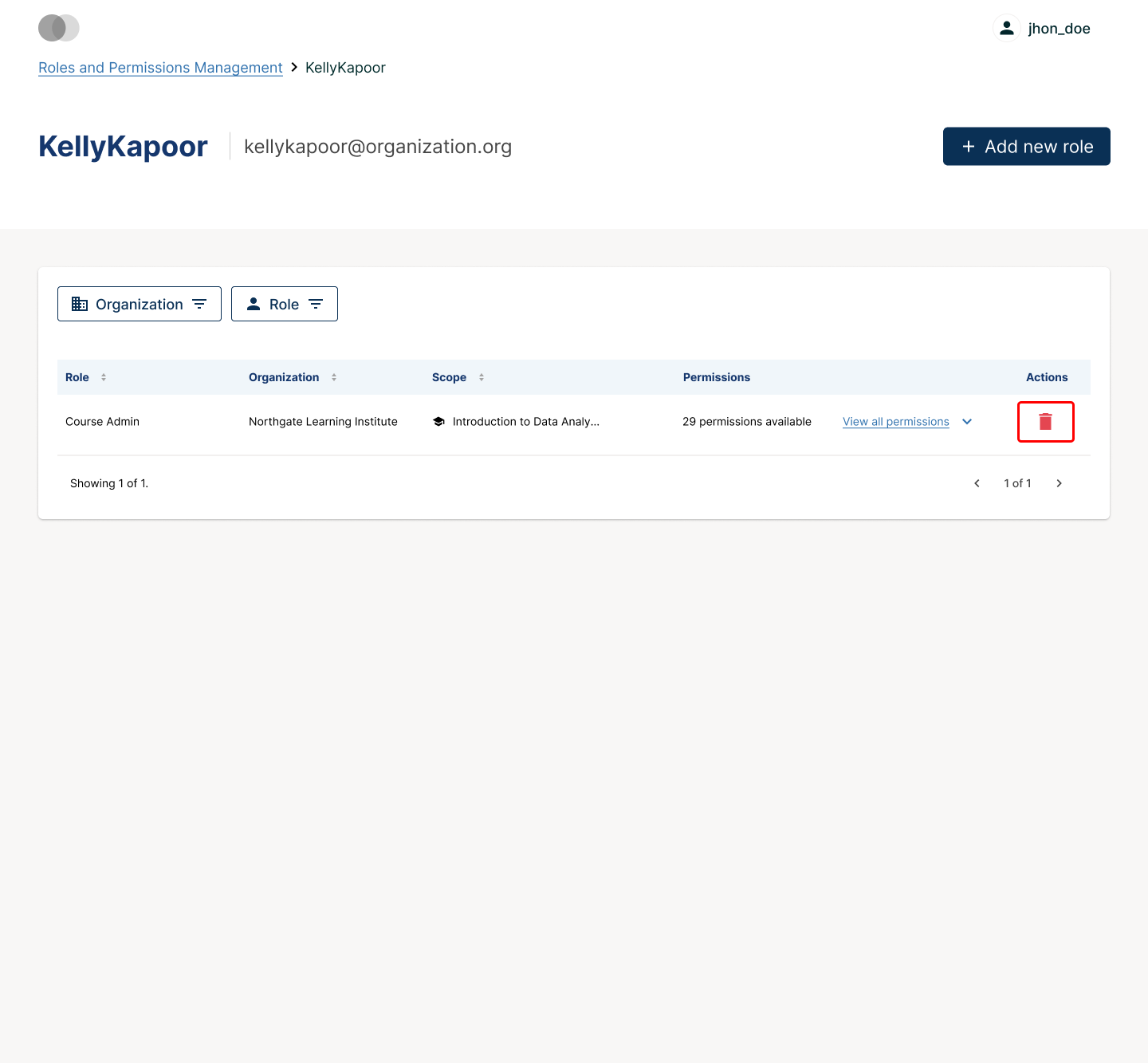 The remove-role control in the Actions column of the user audit view