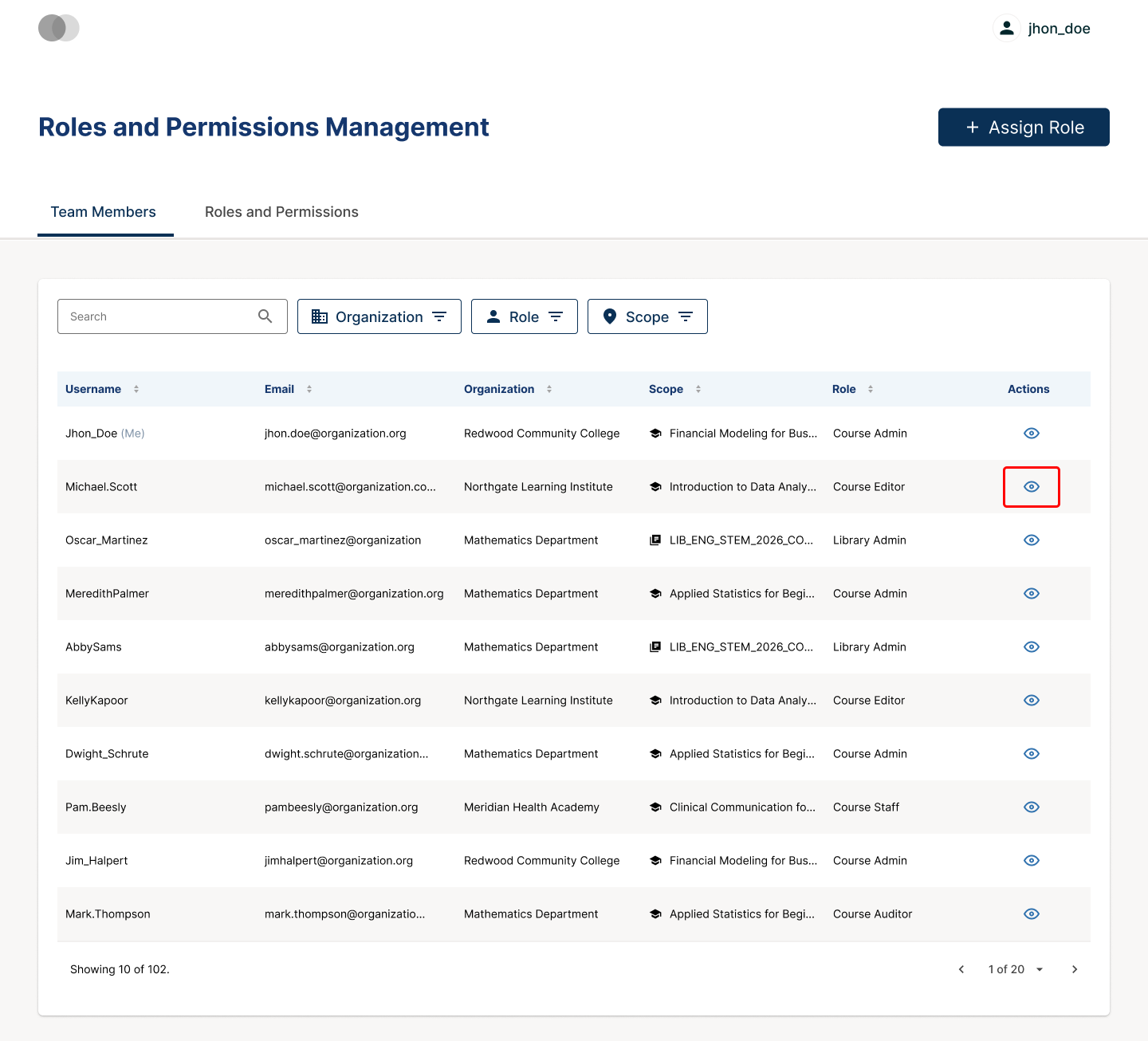 The action to open a user's role assignments, in the Actions column of the team members table