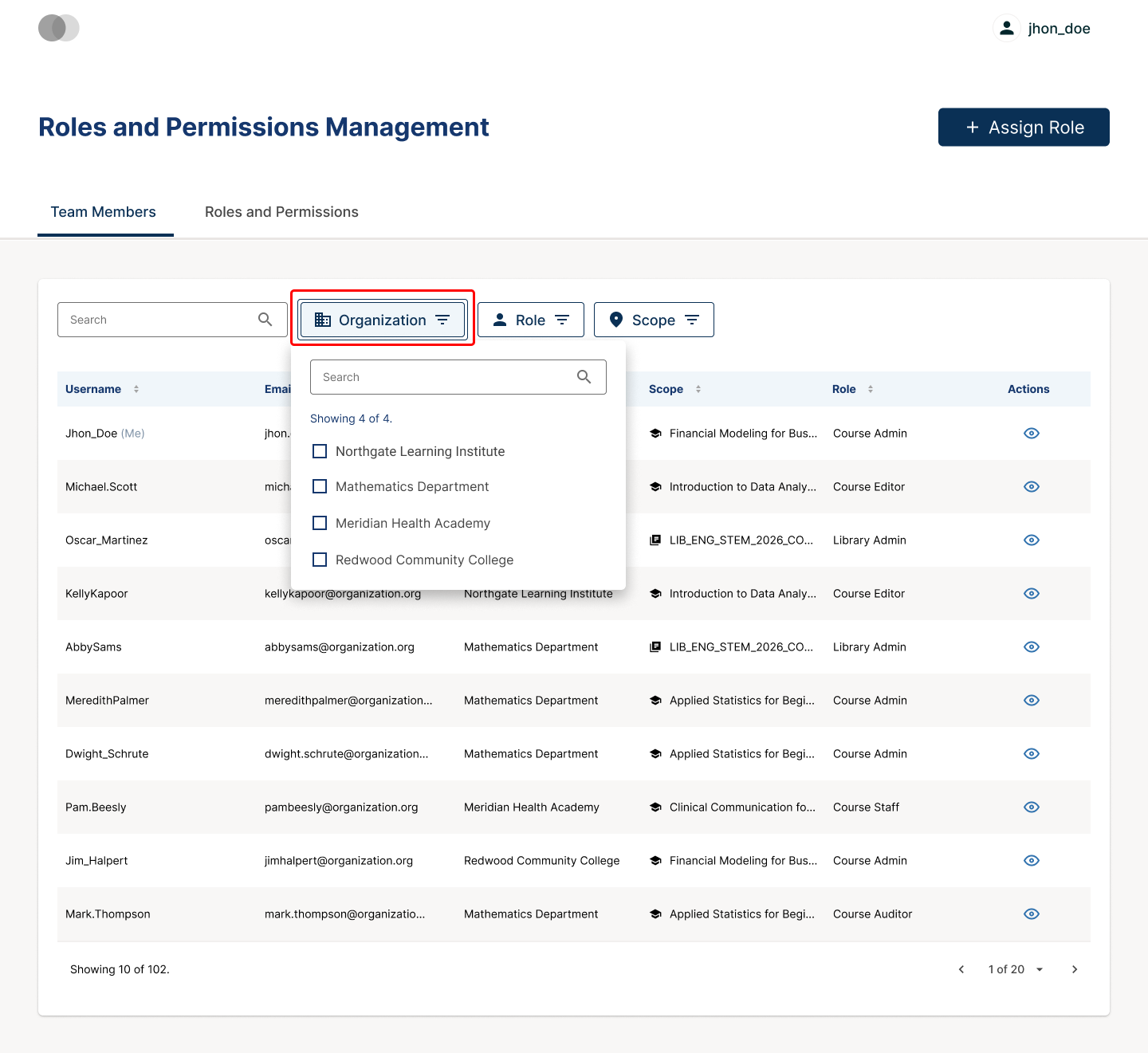 The search bar and filter row above the team members table