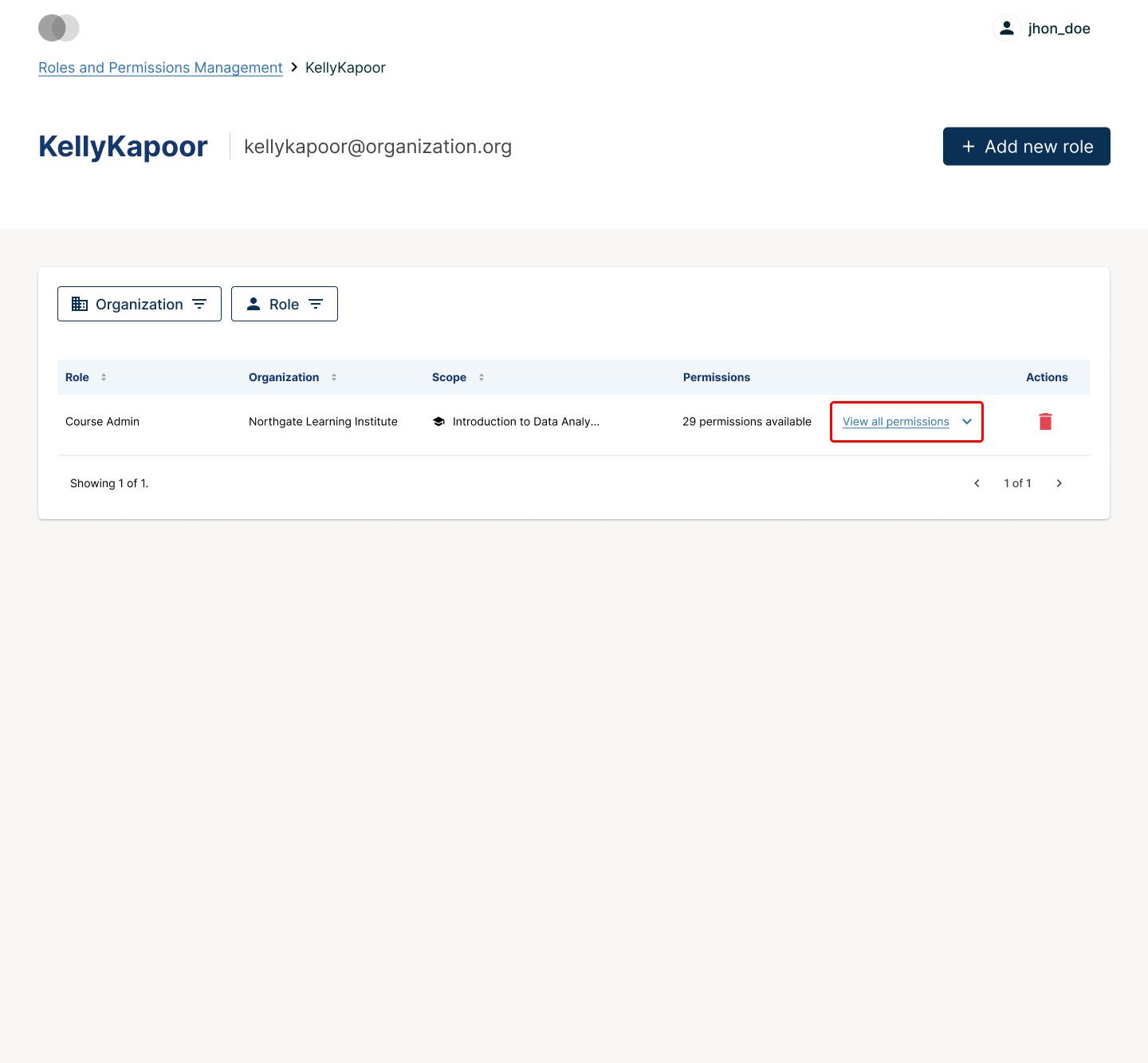 The user audit view showing role assignments for a single user
